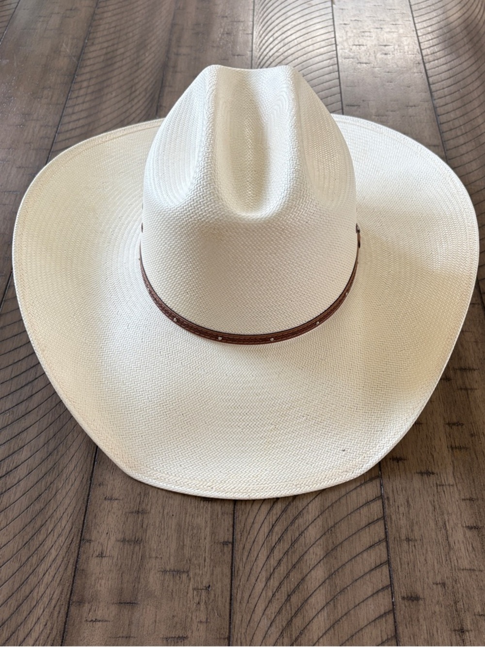 Stetson White Straw Cowboy Hat with Brown Leather Band